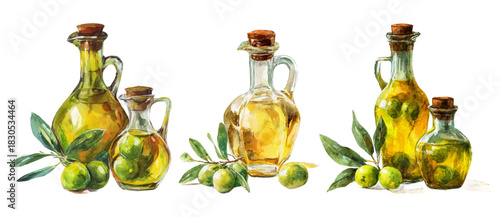 Olive oil illustration with Mediterranean tree branches, bottles, and glass vessels, showcasing watercolor botanical leaves and vintage Greek cuisine elements in organic styling.