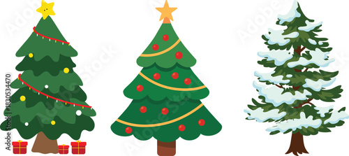Image features three Christmas trees arranged in a row against a white background. Each tree is lush and green, adorned with a variety of ornaments. The left tree is decorated with silver and white ba