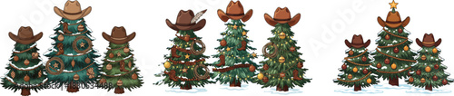 Image features three Christmas trees arranged in a row against a white background. Each tree is lush and green, adorned with a variety of ornaments. The left tree is decorated with silver and white ba