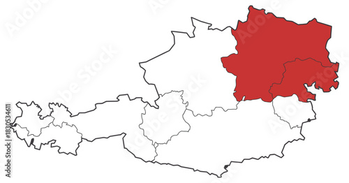 A detailed map of Austria highlighting lower Austria, showing clear borders, regional divisions, transport routes, and geographic markers for business, agriculture, and travel use.