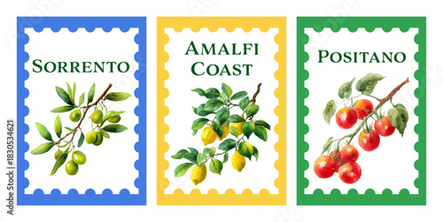 Watercolor Italy travel design showcasing lemon branches, tomatoes, olives, coastal scenery, boats, and Mediterranean ornaments in vibrant postage stamp frame