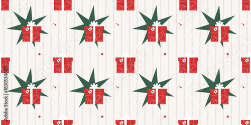 Christmas seamless pattern with red gift boxes and festive decorations. Wrapping paper background for birthday, holiday and xmas. Trendy modern repeat wallpaper texture. Vector illustration