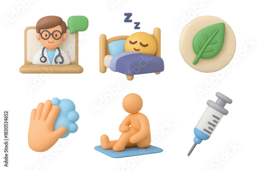 Cartoon icon set featuring doctor, sleep, health, hygiene, exercise, and vaccine elements