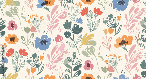 Elongated floral forms drift into a foggy mist, blending colors softly in a watercolor landscape