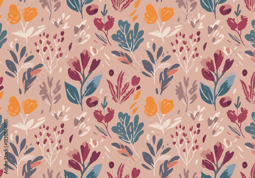 Elongated floral forms drift into a foggy mist, blending colors softly in a watercolor landscape