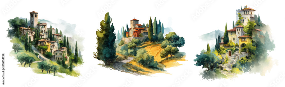 Fototapeta premium Italian Tuscany vineyard scenes in watercolor style, featuring countryside villages, Mediterranean hills, farmhouses, and scenic landscapes perfect for travel designs.