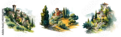Italian Tuscany vineyard scenes in watercolor style, featuring countryside villages, Mediterranean hills, farmhouses, and scenic landscapes perfect for travel designs.
