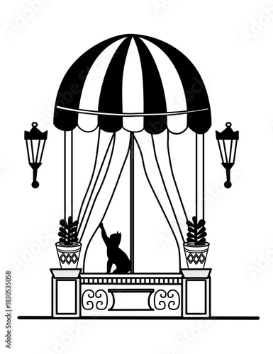 Black vector illustration of a charming storefront with a striped awning, decorative window, twin lampposts, and a cat silhouette peering out from behind curtains.