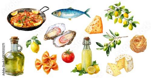 Watercolor Italian food set with Mediterranean summer flavors. Fresh paella, sardines, oysters, pasta with tomatoes, limoncello, and coastal Italian cuisine elements.