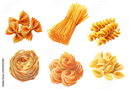 Italian pasta collection: spaghetti, penne, fusilli, farfalle shapes. Watercolor food illustration showing dry Mediterranean noodles, lasagne, rigatoni types isolated.