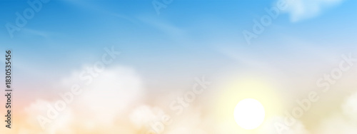 Sky Blue Background,Summer clear sky and cloud by beach,Landscape dramatic sunrise white cloudy for Spring banner.Vector cartoon environment horizon beautiful sky and bright sunlight before sunset