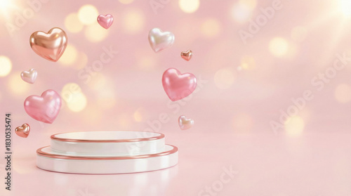 Romantic pink background with podium and floating hearts, perfect for Valentines Day.