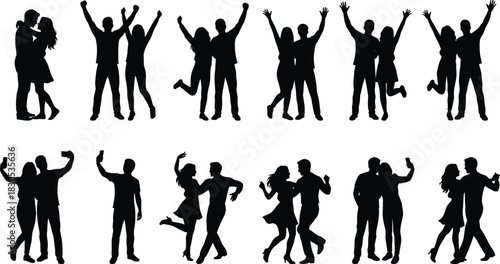 Black Silhouettes of Couples Celebrating, Dancing, Hugging, and Taking Selfies – Joy, Love, Togetherness, Relationship, Lifestyle Concept