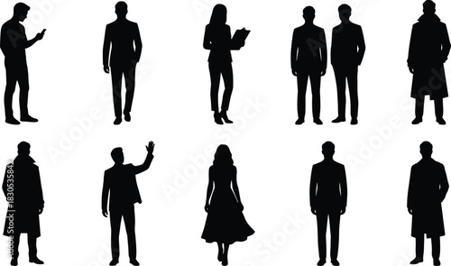 Black Silhouettes of Diverse People in Casual and Formal Poses – Standing, Waving, Holding Phone, Papers – Lifestyle, Persona Concept