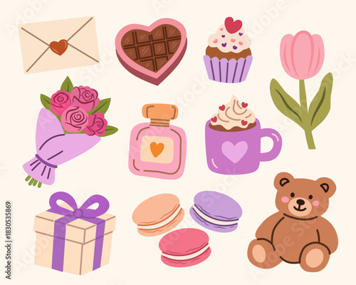 Cute Valentine Elements in Pastel Illustration for Love Themes Set
