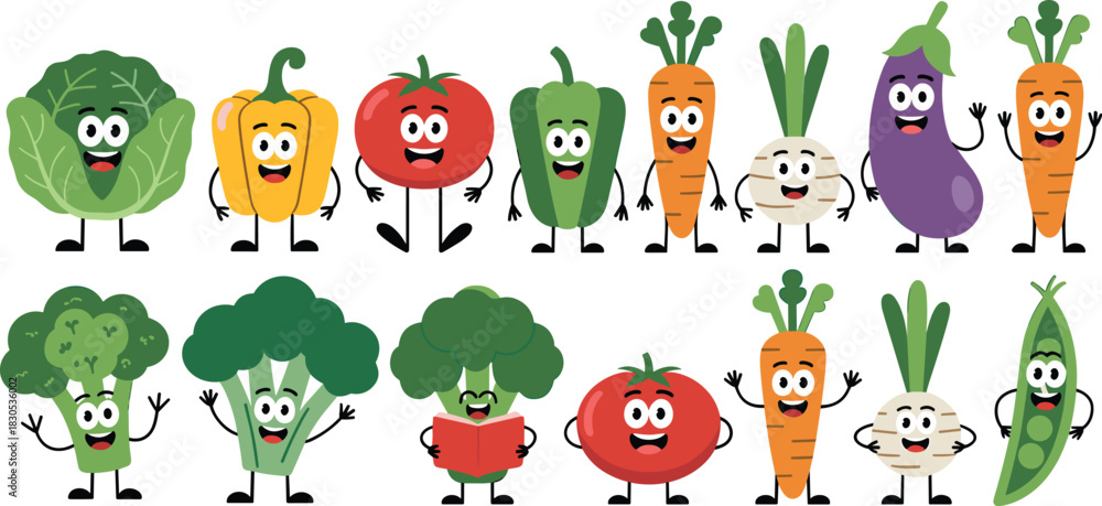 Obraz premium Cute Cartoon Vegetable Character Vector Set Featuring Cabbage, Pepper, Tomato, Carrot, Eggplant, Broccoli, Radish, and Pea Pod with Happy Smiling Faces.