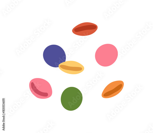 Dragee candies, sweets. Sugar-coated colorful snacks, little bonbons, smarties falling. Scattered assorted confectionery, chewy sugary food. Flat vector illustration isolated on white background