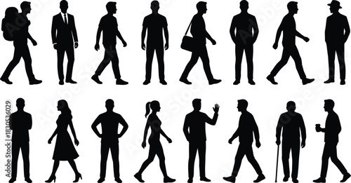 Black Silhouettes of Diverse People in Walking, Standing, and Gesturing Poses – Backpack, Suit, Cane, Cup – Lifestyle, Motion Concept