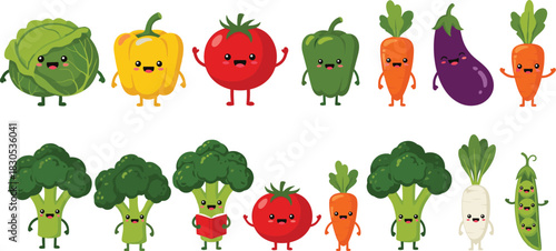 Cute Cartoon Vegetable Character Vector Set Featuring Cabbage, Pepper, Tomato, Carrot, Eggplant, Broccoli, Radish, and Pea Pod with Happy Faces.