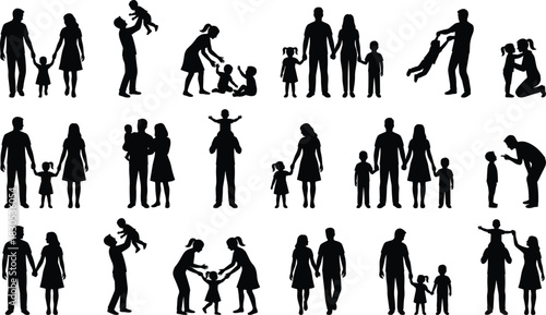 Black Silhouettes of Families in Bonding Poses – Parents and Children Walking, Playing, Lifting – Love, Togetherness, Relationship Concept
