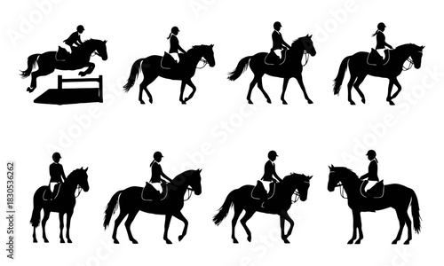 Collection of eight distinct black horse riding silhouettes showcasing various equestrian poses and jumps