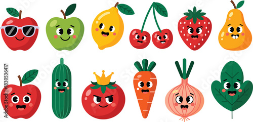 Cute Cartoon Fruit and Vegetable Vector Set Featuring Happy and Worried Apple, Lemon, Cherry, Strawberry, Cucumber, Carrot, Tomato King, and Onion Characters.