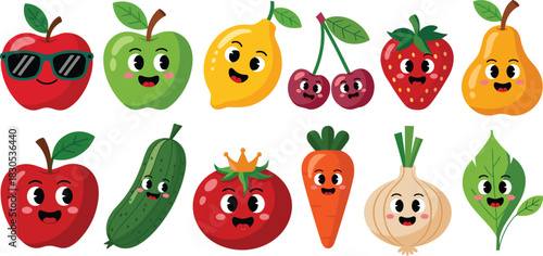 Cute Cartoon Fruit and Vegetable Character Vector Set Featuring Happy Apple, Lemon, Cherry, Strawberry, Cucumber, Tomato, Carrot, and Onion Faces.