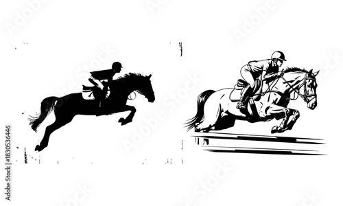 Dynamic equestrian silhouette of a horse and rider jumping over obstacles in a competition silhouette