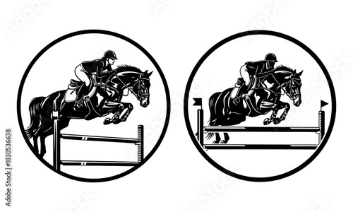 Two oval framed black and white equestrian show jumping horse and rider silhouettes in mid jump silhouette
