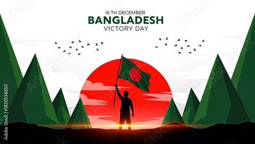 Bangladesh Victory Day: Patriotic Silhouette with Flag, Red Sun, Green Geometric Landscape