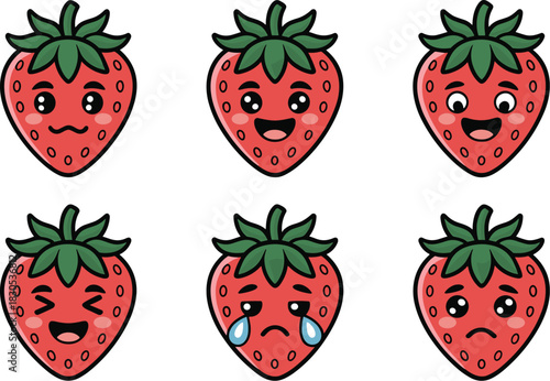 Cute Cartoon Strawberry Emoji Vector Set Featuring Various Emotional Expressions Including Happy, Crying, Surprised, Winking, and Sad Faces for Social Media.