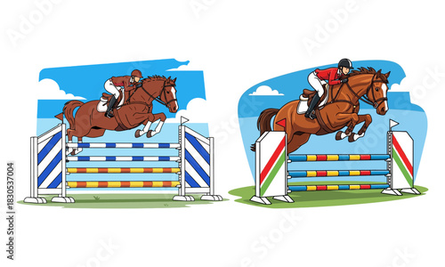 Two equestrian riders on horseback jumping over colorful obstacles in a competition silhouette