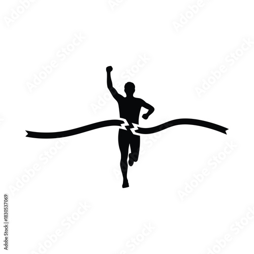 Runner breaking finish line tape race winner vector icon, Finish line crossing runner icon