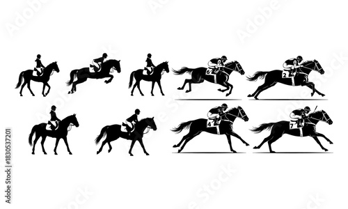 Collection of horseback riding silhouettes depicting various poses and movements in a distinctive silhouette style