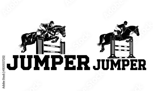 Dynamic equestrian jumping horse and rider silhouette over obstacle with jumper text