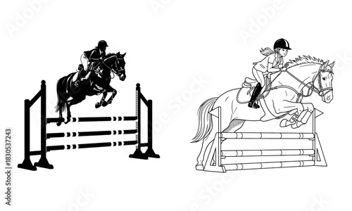 Two distinct equestrian jumping horse and rider silhouettes in motion over obstacles silhouette