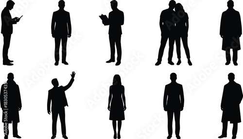 Black Silhouettes of People in Casual and Formal Poses – Standing, Waving, Using Phone, Holding Papers – Lifestyle, Persona, Fashion Concept