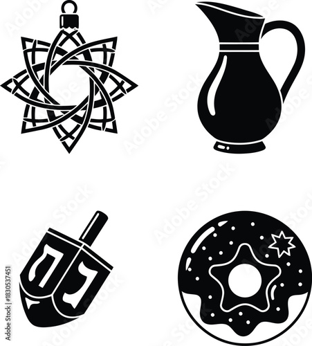 Hanukkah symbols jug and star ornament on white background
