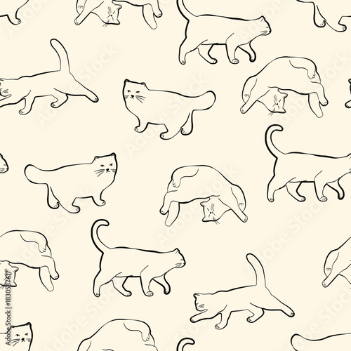 Seamless pattern with Whimsical cat poses in clean lineart on gentle beige background. Ideal for stationery, fabric, packaging and cozy pet-themed designs