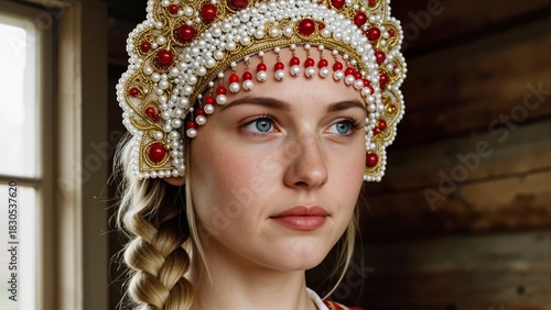 Portrait of Russian Woman Wearing Traditional Pearl Kokoshnik Headdress