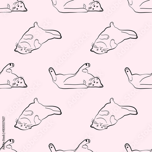 Seamless pattern with cat poses in clean lineart, ideal for stationery, fabric, packaging and cozy pet-themed designs