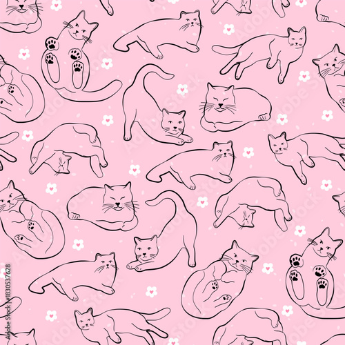 Seamless pattern with Whimsical cat poses in clean lineart on pink background. Ideal for stationery, fabric, packaging and cozy pet-themed designs