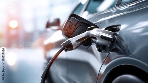 Charging electric vehicle at charging station urban location photography modern environment close-up view sustainable concept
