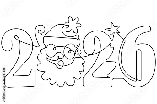 Continuous one line art drawing Christmas Santa Claus and Reindeer with 2026 Continuous Line Art Christmas outline  vector illustration.
