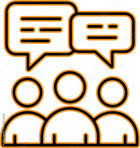 Three people icons with speech bubbles representing communication and discussion