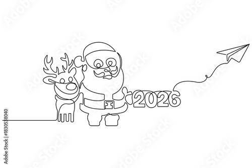 Continuous one line art drawing Christmas Santa Claus and Reindeer with 2026 Continuous Line Art Christmas outline  vector illustration.
