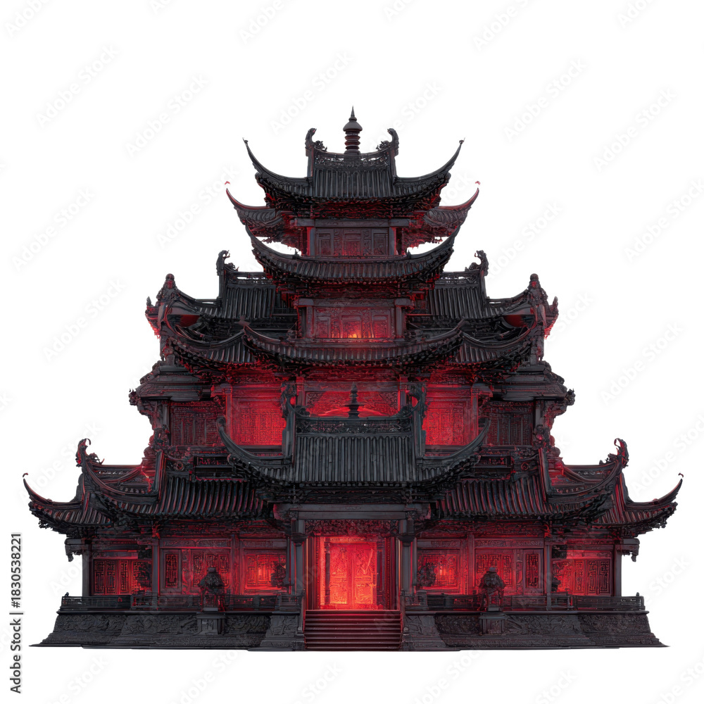Fototapeta premium Majestic Architectural Wonder: An awe-inspiring edifice of classic design, showcasing intricate details in its layered structure, with a palette of deep blacks and radiant reds.