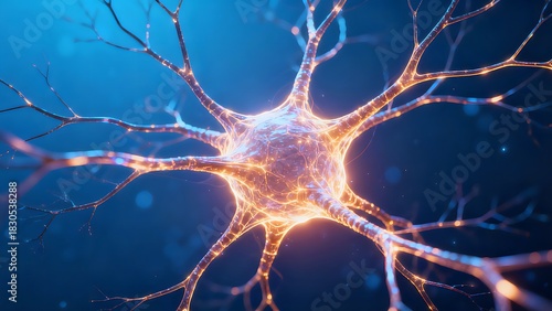 Fototapeta Naklejka Na Ścianę i Meble -  Glowing Neuron Cell with Intricate Branches – Neuroscience & Brain Biology Research Concept