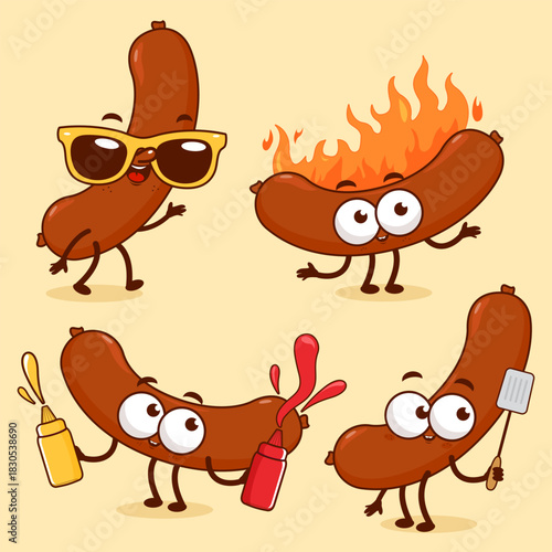 Cartoon sausages. Burning hot-dog with bottles of ketchup and mustard. Roasting barbecue fast food grilled sausage with spatula. Vector illustration