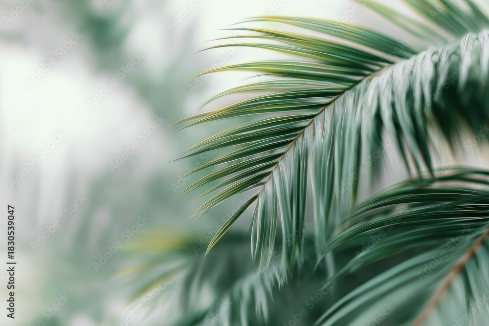 Fototapeta premium Close-up of a palm frond with blurred background, displaying vibrant green hues